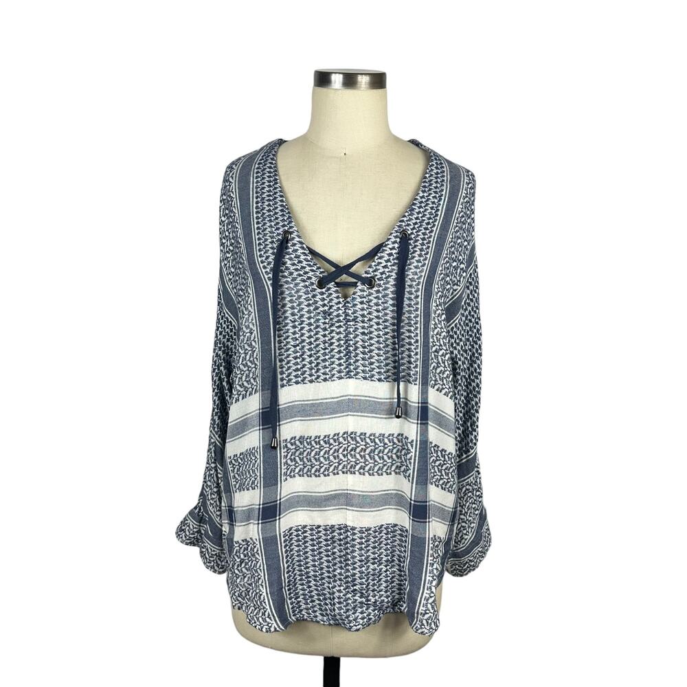 RAILS Lily Sapphire Jacquard Popover Front‎ Tie Baja Blouse Blue White Size XS